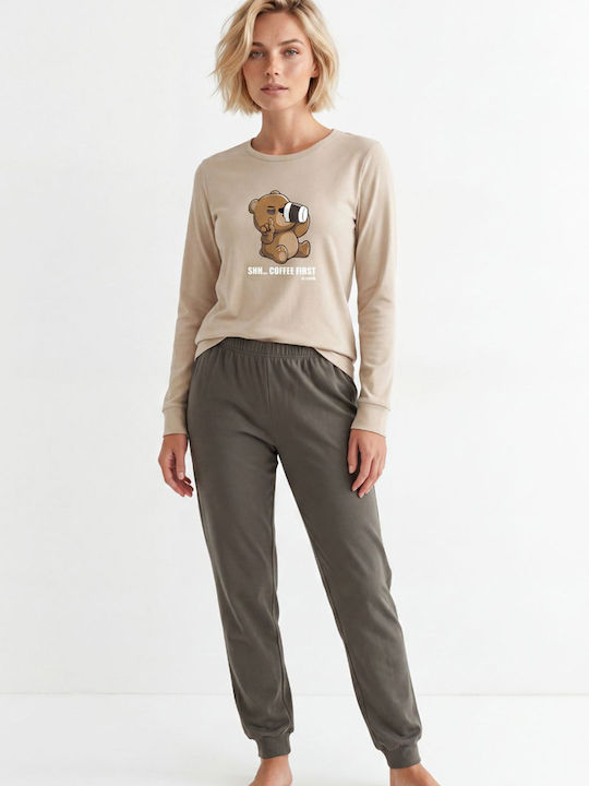 Nina Club Wintersches Damen-Pyjama-Set Baumwolle Beiges