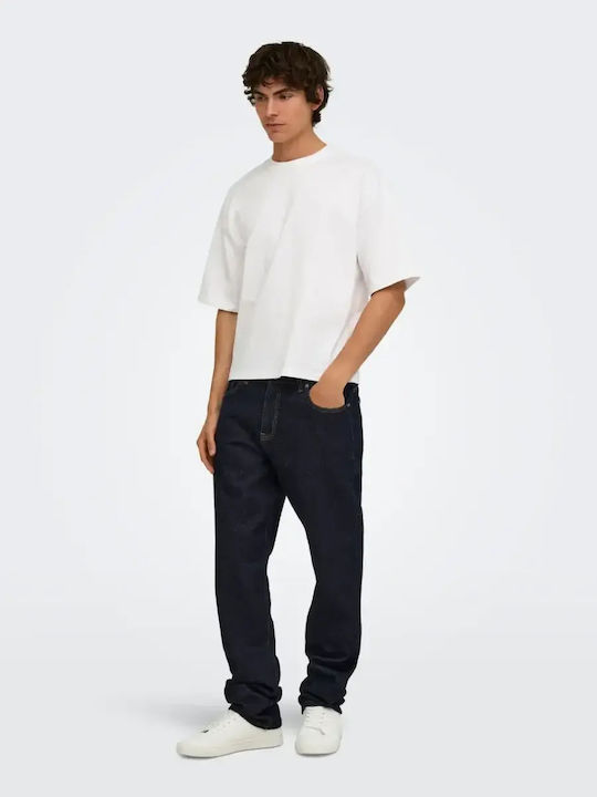 Men's Jeans Pants Regular Straight Fit Dark Blue Denim