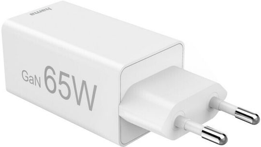 HAMA Зарядно Устройство Без Кабел GaN с USB-A Порт и 2 USB-C Порта 65W Power Delivery Бял (00125142)
