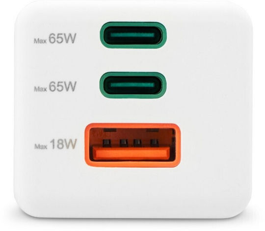 HAMA Зарядно Устройство Без Кабел GaN с USB-A Порт и 2 USB-C Порта 65W Power Delivery Бял (00125142)