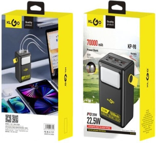 KLGO Power Bank 70000mAh 22.5W mit 3 USB-A Ausgangsanschlüsse Schwarz