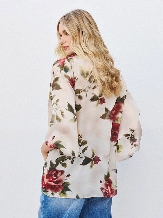 Langärmeliges Damenhemd Beige Blumen