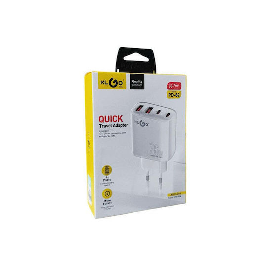 KLGO Încărcător Fără Cablu cu 2 Porturi USB-A și 2 Porturi USB-C 76W Power Delivery / Quick Charge 3.0 Alb (PD-82)