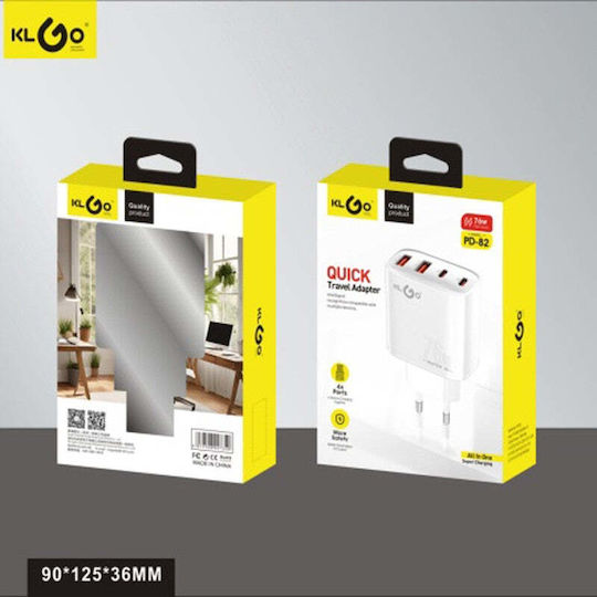 KLGO Încărcător Fără Cablu cu 2 Porturi USB-A și 2 Porturi USB-C 76W Power Delivery / Quick Charge 3.0 Alb (PD-82)