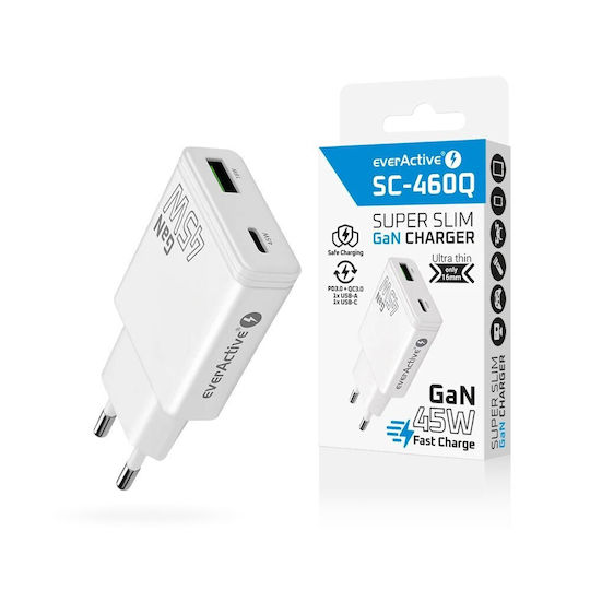 EverActive Φορτιστής Χωρίς Καλώδιο GaN με Θύρα USB-A και Θύρα USB-C 45W Power Delivery / Quick Charge 3.0 Λευκός (SC-460Q)