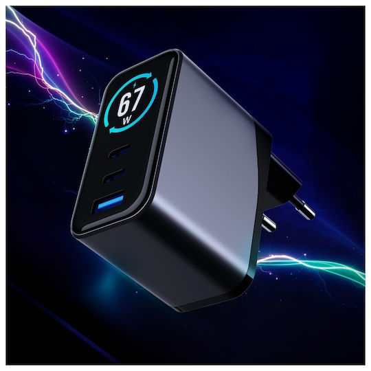 3MK Charger Without Cable with USB-A Port and 2 USB-C Ports 67W Power Delivery / Quick Charge 4+ Blacks (InCharge Lumin)