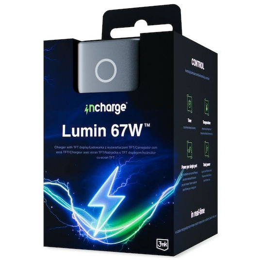 3MK Charger Without Cable with USB-A Port and 2 USB-C Ports 67W Power Delivery / Quick Charge 4+ Blacks (InCharge Lumin)