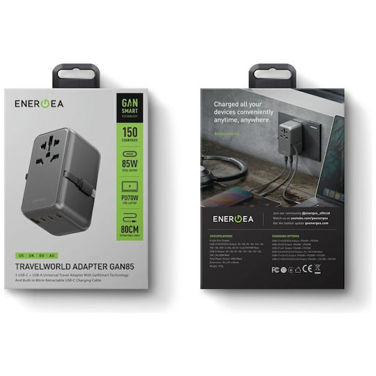 Energea Φορτιστής με Θύρα USB-A και 3 Θύρες USB-C και Καλώδιο USB-C 85W Power Delivery Μαύρος