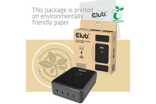 Club3D База за Зареждане GaN с 4 USB-C Изходни Порта 240W Power Delivery в Черен Цвят (CAC-1933)