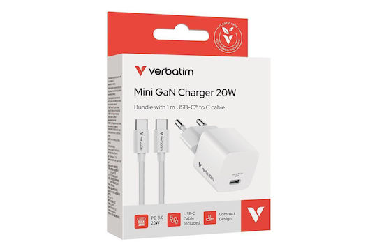 Verbatim GaN Charger with USB-C Port and USB-C - USB-C Cable 20W Power Delivery White Mini