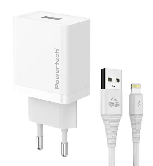 Powertech Charger with USB-A Port and Cable Lightning 12W Whites (PT-1323)