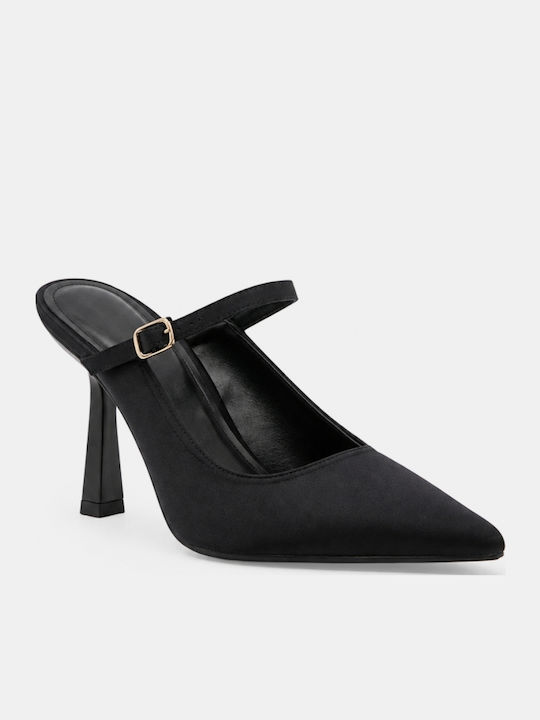 Satin Damen Pantoletten mit Hoch Absatz in Schwarz Farbe