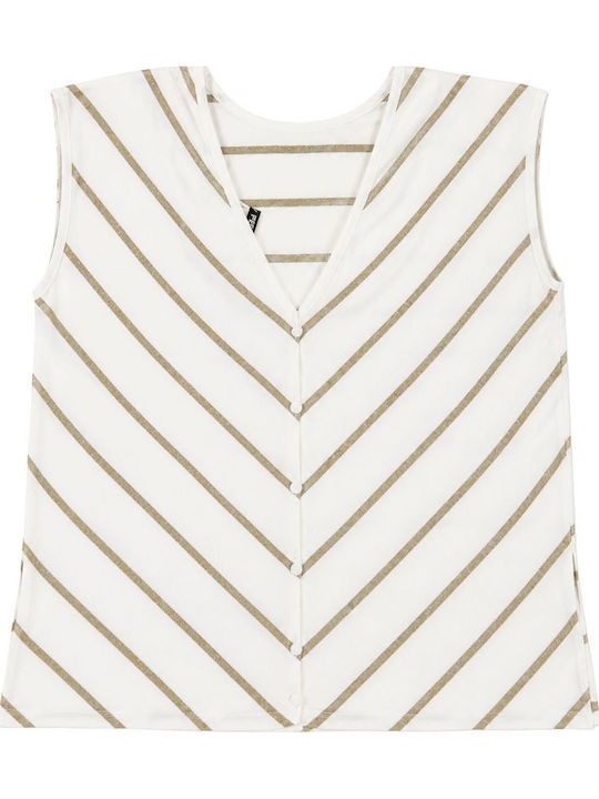 Women's Blouse Short Sleeve with V-Neck Striped White
