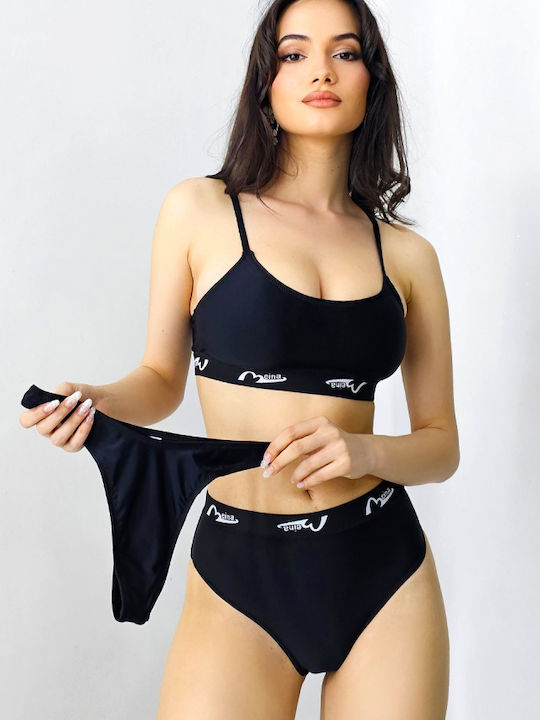 Set Bikini Sutien Sport & Șir De Caractere Negru