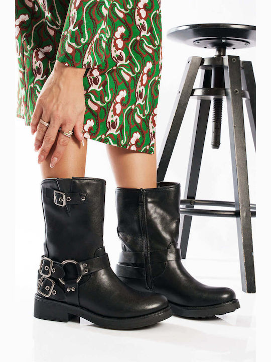Black Biker Boots With Metal Rings Buckles Black Biker Boots With Metal Rings Buckles