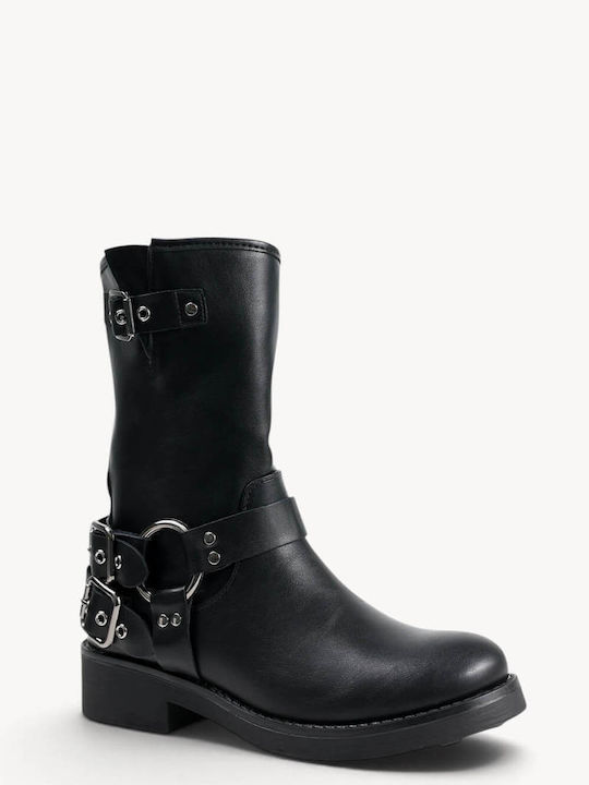 Black Biker Boots With Metal Rings Buckles