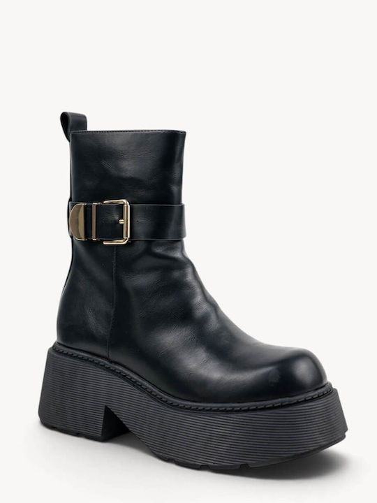 Black Ankle Boots Metal Buckle Chunky Sole