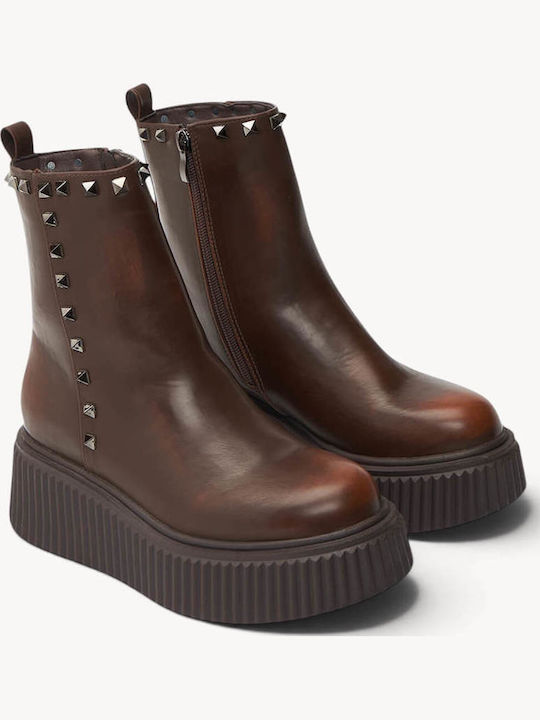 Tabac Brown Platform Ankle Boots with Metal Studs