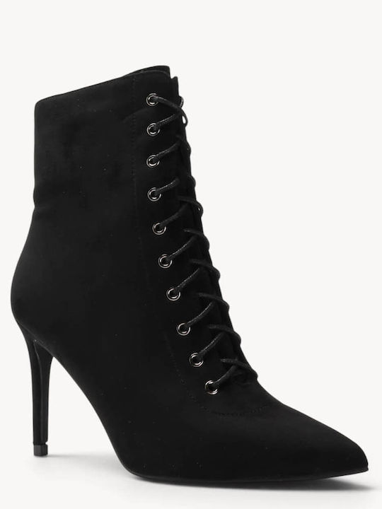 Black Suede Ankle Boots With Laces High Thin Heel
