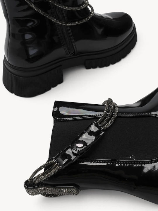 Black Patent Leather Ankle Boots Decorative Chains