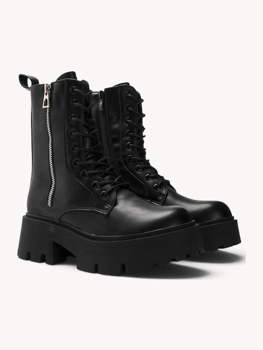 Black Combat Boots With Laces External Zipper Black Combat Boots With Laces External Zipper
