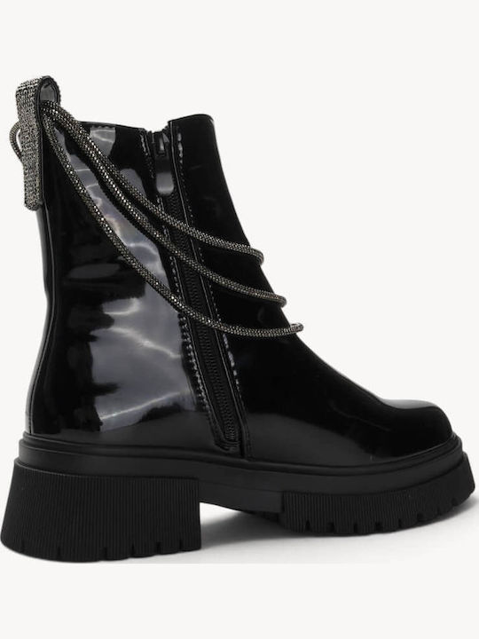 Black Patent Leather Ankle Boots Decorative Chains