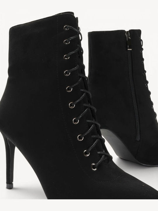 Black Suede Ankle Boots With Laces High Thin Heel