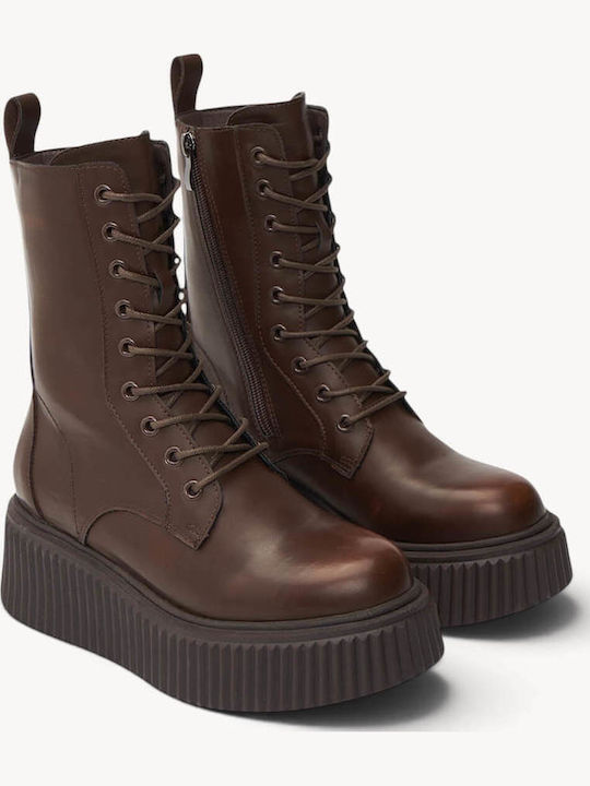 Tabac Brown Ankle Boots with Laces Embossed Platform Sole