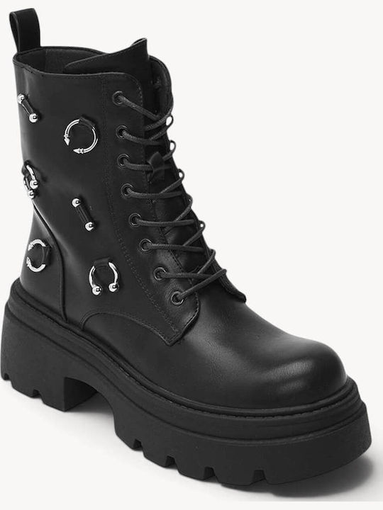 Black Combat Boots Metal Decorations Chunky Sole