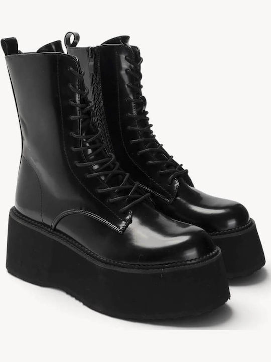 Schwarze Kampfstiefel mit Schnürsenkeln Hohe Plattformsohle Schwarze Kampfstiefel mit Schnürsenkeln Hohe Plattformsohle