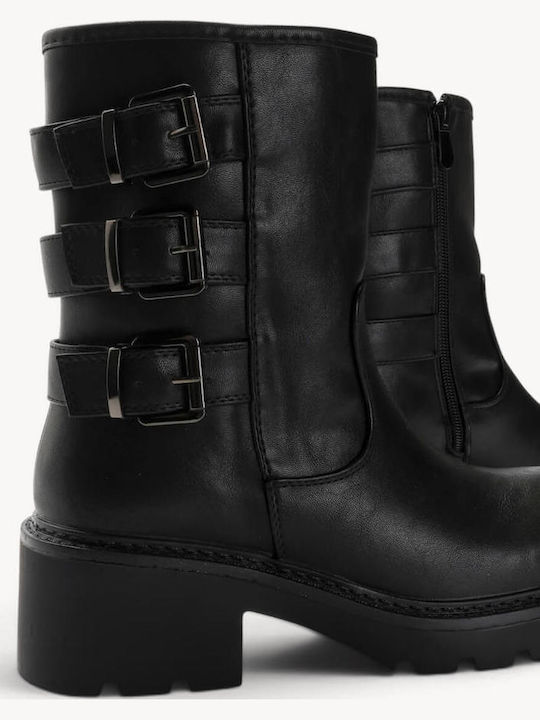 Black Ankle Boots Triple Buckles Chunky Heel