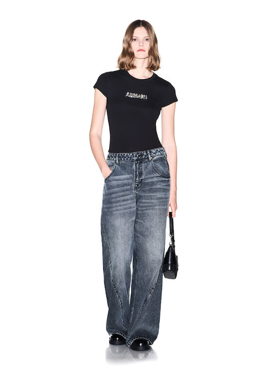 Damen Crop T-shirt Silber- Schwarz
