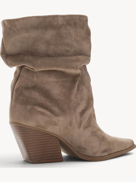Beige Cowboy Boots Wrinkled Strap Buckle