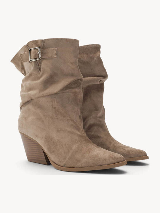 Beige Cowboy Boots Wrinkled Strap Buckle