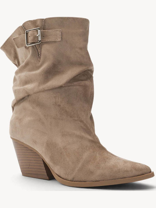 Beige Cowboy Boots Wrinkled Strap Buckle