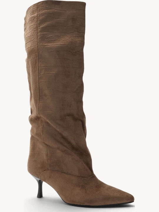 Beige Damenstiefel Mit Prägung Croco Textur Spitz Zehen