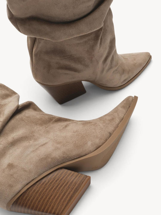 Beige Cowboy Boots Wrinkled Strap Buckle
