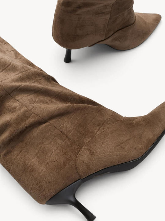 Beige Damenstiefel Mit Prägung Croco Textur Spitz Zehen