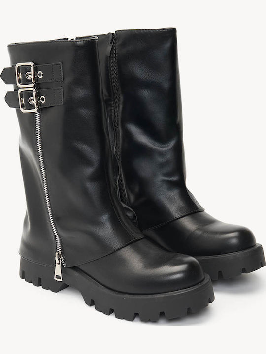 Schwarze Damenstiefel Biker Doppelgurt mit Reißverschluss
