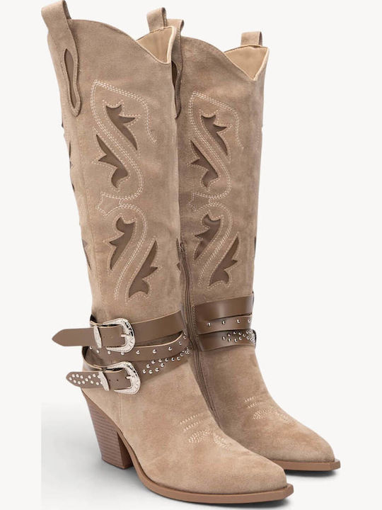 Beige Cowboy Stiefel Mit Lochmuster Und Doppelte Schnallen