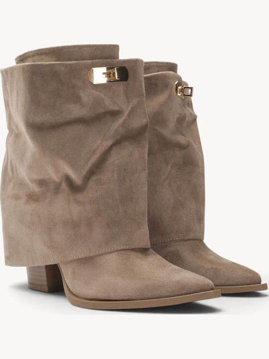 Beige Damenstiefel Western Schnürsenkel Mit Metallischem Schnallen