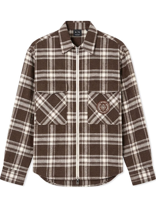 Cămașă din Bumbac cu Mâneci Lungi, în Carouri, Croială Oversized, Ecru-Maro