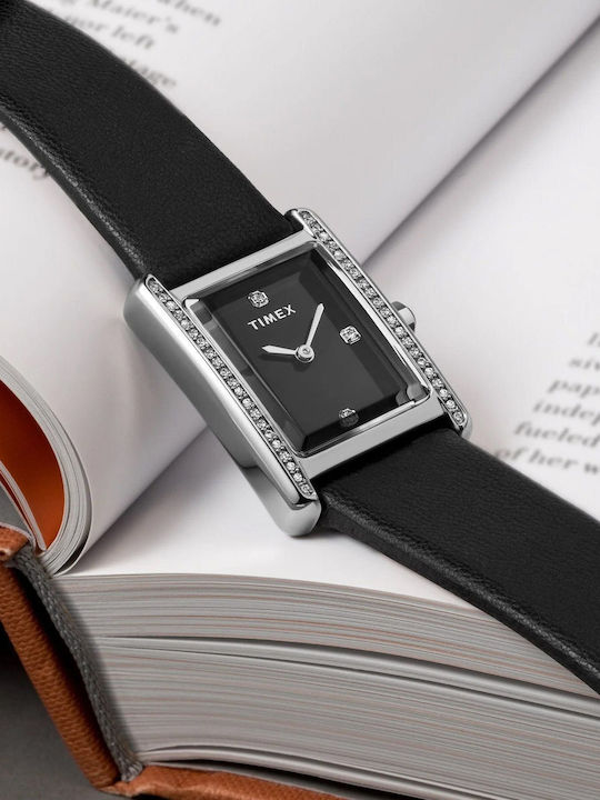 Timex Дамски Часовник 24mm Кварцов с Черна Кожена Каишка