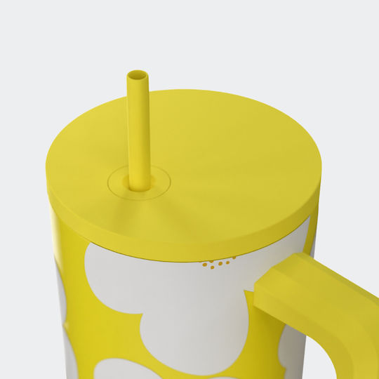 Estia Straw Tumbler XL Save The Aegean Recyclable Handled Tumbler Thermos Stainless Steel BPA Free 900ml Yellow Daisy with Straw and Handle