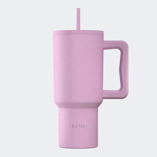 Estia Straw Tumbler XL Save The Aegean Recyclable Handled Thermos Stainless Steel BPA Free 900ml Lavender with Straw and Handle