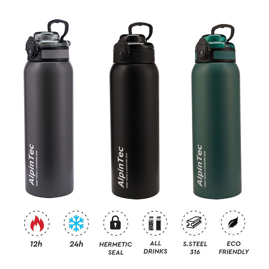 AlpinPro Thermosflasche Kunststoff / Rostfreier Stahl BPA-frei 1lt Schwarzgrün