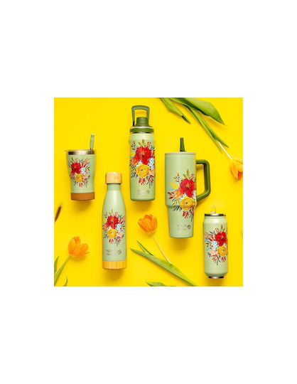 Nava "we Care" Handled Tumbler Thermos Stainless Steel / Plastic 900ml Green Floral with Straw and Handle