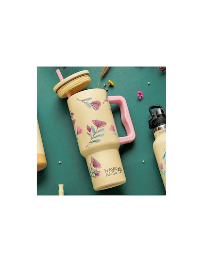 Nava "we Care" Handled Tumbler Θερμός Ανοξείδωτο / Πλαστικό 900ml Cream Floral με Καλαμάκι και Λαβή