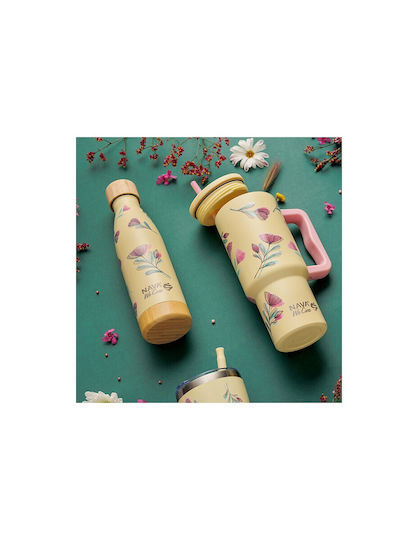 Nava "we Care" Handled Tumbler Θερμός Ανοξείδωτο / Πλαστικό 900ml Cream Floral με Καλαμάκι και Λαβή