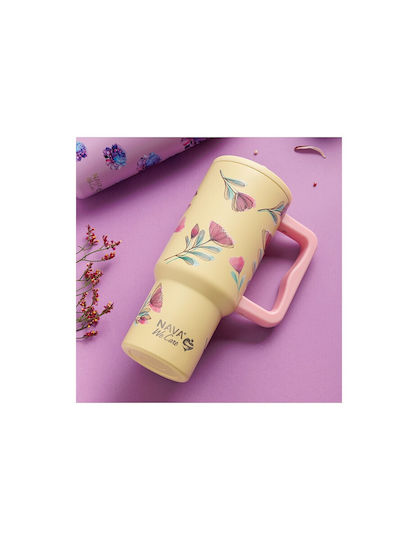 Nava "we Care" Handled Tumbler Θερμός Ανοξείδωτο / Πλαστικό 900ml Cream Floral με Καλαμάκι και Λαβή